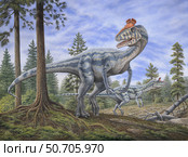 Cryolophosaurus dinosaurs hunting for prey in a prehistoric environment. Стоковое фото, фотограф Phil Wilson/Stocktrek Images / ТАСС / Фотобанк Лори