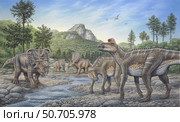 Pachyrhinosaurus, Chasmosaurus and Edmontosaurus dinosaurs grazing along a stream. Стоковое фото, фотограф Phil Wilson/Stocktrek Images / ТАСС / Фотобанк Лори