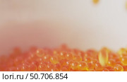 Falling red caviar closeup macro view. Стоковое видео, видеограф Михаил Коханчиков / Фотобанк Лори