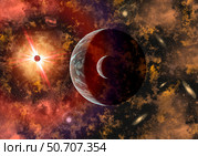 An alien planet and its moon in orbit around a red giant star. Стоковое фото, фотограф Mark Stevenson/Stocktrek Images / ТАСС / Фотобанк Лори