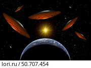 A fleet of flying saucers arriving at Earth in preparation of an attack against humanity. Стоковое фото, фотограф Mark Stevenson/Stocktrek Images / ТАСС / Фотобанк Лори