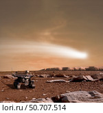 An artist's depiction of the close pass of comet C/2013 A1 over Mars. Стоковое фото, фотограф Marc Ward/Stocktrek Images / ТАСС / Фотобанк Лори