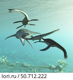 A Liopleurodon ferox attacks a group of Cryptoclidus eurymerus plesiosaurs in Jurassic seas. Стоковое фото, фотограф Arthur Dorety/Stocktrek Images / ТАСС / Фотобанк Лори