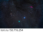 Comet Wirtanen 46P with Geminid meteor, Aldebaran and Hyades, California Nebula, and Pleiades (2019 год). Стоковое фото, фотограф Alan Dyer/Stocktrek Images / ТАСС / Фотобанк Лори