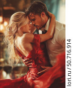 The cover of a romantic book about billionaires, a close-up of a man's hand tightly clasping a woman's waist, a red silk dress. Стоковое AI-изображение, AI-художник Корчагина Анастасия / Фотобанк Лори