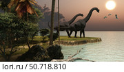 Two Brachiosaurus dinosaurs enjoy a beautiful sunset. Стоковое фото, фотограф Corey Ford/Stocktrek Images / ТАСС / Фотобанк Лори