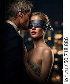 A dominant billionaire whispers something in a woman's ear while blindfolding her with a silk ribbon, romantic cover. luxury penthouse at night. Стоковое AI-изображение, AI-художник Корчагина Анастасия / Фотобанк Лори