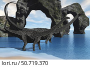 Diplodocus dinosaurs wade through shallow waters of a beautiful seashore. Стоковое фото, фотограф Corey Ford/Stocktrek Images / ТАСС / Фотобанк Лори
