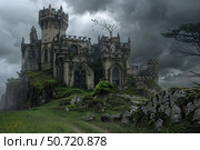 Mysterious gothic castle ruins dominating hilltop under dark clouds. Стоковое AI-изображение, AI-художник Иван Рябоконь / Фотобанк Лори