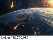 Meteor shower entering earth's atmosphere, dramatic space scene. Стоковое AI-изображение, AI-художник Иван Рябоконь / Фотобанк Лори