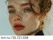 Model showing flawless skin and peachy lipstick in beauty portrait. Стоковое AI-изображение, AI-художник Иван Рябоконь / Фотобанк Лори
