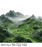 Fog covering green mountains and lush valleys on sunny day. Стоковое AI-изображение, AI-художник Иван Рябоконь / Фотобанк Лори