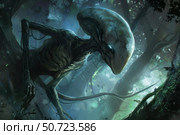 Extraterrestrial creature lurking in dark forest at night. Стоковое AI-изображение, AI-художник Иван Рябоконь / Фотобанк Лори