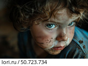 Portrait of child with dirty face expressing curiosity and mischief. Стоковое AI-изображение, AI-художник Иван Рябоконь / Фотобанк Лори