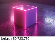 Pink and purple neon cube illuminating grunge concrete floor. Стоковое AI-изображение, AI-художник Иван Рябоконь / Фотобанк Лори