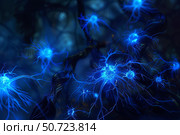 Neurons sending pulsating electric signals in the human brain. Стоковое AI-изображение, AI-художник Иван Рябоконь / Фотобанк Лори