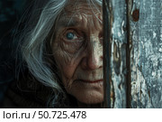 Senior woman hiding behind a deteriorated wooden door. Стоковое AI-изображение, AI-художник Иван Рябоконь / Фотобанк Лори