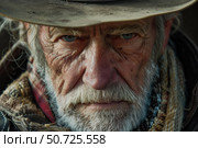 Portrait of a weathered rancher wearing a cowboy hat and staring intensely. Стоковое AI-изображение, AI-художник Иван Рябоконь / Фотобанк Лори