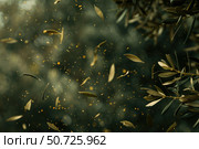 Olive leaves falling with golden particles creating magical atmosphere. Стоковое AI-изображение, AI-художник Иван Рябоконь / Фотобанк Лори