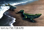 Artist's concept depicting the evolution of a lobe-finned fish to an amphibian. Стоковое фото, фотограф Jerry LoFaro/Stocktrek Images / ТАСС / Фотобанк Лори