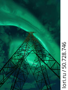 Powerlines and aurora borealis, Tjeldsundet, Norway. Стоковое фото, фотограф Arild Heitmann/Stocktrek Images / ТАСС / Фотобанк Лори