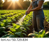 A woman is watering plants in a field. Стоковое AI-изображение, AI-художник Ярославский Максим / Фотобанк Лори