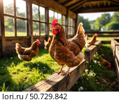 A group of chickens are standing on a wooden fence in a field. Стоковое AI-изображение, AI-художник Ярославский Максим / Фотобанк Лори