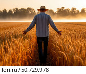 A man in a straw hat stands in a field of wheat. Стоковое AI-изображение, AI-художник Ярославский Максим / Фотобанк Лори