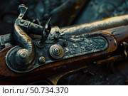 Antique flintlock pistol showing intricate engravings and metalwork. Стоковое AI-изображение, AI-художник Иван Рябоконь / Фотобанк Лори
