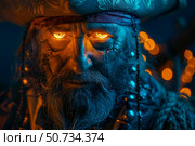 Scary old pirate wearing tricorn hat and showing glowing eyes. Стоковое AI-изображение, AI-художник Иван Рябоконь / Фотобанк Лори
