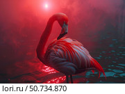 Flamingo cleaning its feathers under a red sunset. Стоковое AI-изображение, AI-художник Иван Рябоконь / Фотобанк Лори