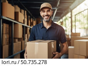 Happy worker carrying parcel in storage room full of packages. Стоковое AI-изображение, AI-художник Иван Рябоконь / Фотобанк Лори