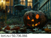 Glowing jack o' lantern sitting on the ground in front of a haunted house. Стоковое AI-изображение, AI-художник Иван Рябоконь / Фотобанк Лори