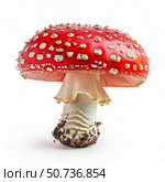 Fly agaric mushroom standing tall on white background. Стоковое AI-изображение, AI-художник Иван Рябоконь / Фотобанк Лори