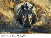 White rhinoceros charging through muddy water with splashing mud. Стоковое AI-изображение, AI-художник Иван Рябоконь / Фотобанк Лори