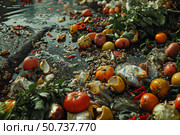 Spoiled vegetables and fruits floating in polluted water with plastic bags. Стоковое AI-изображение, AI-художник Иван Рябоконь / Фотобанк Лори