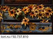 Black eyed susans overflowing from drawer of antique painted dresser. Стоковое AI-изображение, AI-художник Иван Рябоконь / Фотобанк Лори