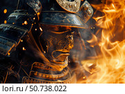 Samurai warrior wearing traditional armor and mask near burning fire. Стоковое AI-изображение, AI-художник Иван Рябоконь / Фотобанк Лори
