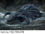 Gigantic river monster emerging from murky water. Стоковое AI-изображение, AI-художник Иван Рябоконь / Фотобанк Лори