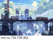 Pixel art cityscape with trains crossing a bridge at daytime. Стоковое AI-изображение, AI-художник Иван Рябоконь / Фотобанк Лори