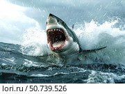 Great white shark breaching ocean surface with open jaws. Стоковое AI-изображение, AI-художник Иван Рябоконь / Фотобанк Лори