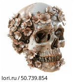 Human skull covered with flowers symbolizing life and death. Стоковое AI-изображение, AI-художник Иван Рябоконь / Фотобанк Лори