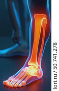 Digital bone on the human foot. Man suffering from knee pain. Injury caused by training. Tendon problems. Red Glowing of disease bone. Стоковое AI-видео, аниматор Sergey Grishin / Фотобанк Лори