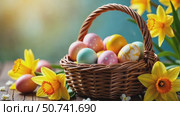 A woven basket full of colorful painted Easter eggs with yellow daffodil flowers on a rustic wooden table. Стоковое AI-видео, аниматор Анжелика Самсонова / Фотобанк Лори
