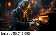 An atmospheric portrait of a man in period costume from the late 18th to early 19th century, intently playing the piano in a dimly lit room. Light from candles and antique lamps softly illuminates his face and keys, creating a warm and dramatic atmosphere. Books, pens, household items and papers are scattered around the table and floor, highlighting the creative setting. The composition conveys a moment of inspiration and genius, referring to the image of a great composer, perhaps Beethoven. Стоковое AI-изображение, AI-художник Анна Кривицкая / Фотобанк Лори
