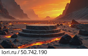 Stone presentation platform with glowing lava in a volcanic landscape. Molten rock flowing through a fiery hellish environment for dramatic footage. Стоковое AI-видео, аниматор Анжелика Самсонова / Фотобанк Лори