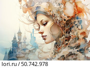 An emotional portrait of a young woman, done in watercolor with elements of surrealism and fantasy. The girl's face is softly and realistically painted, and her hair and headdress turn into a whirlwind of abstract shapes, spots and curls, as if dissolving in the air. In the background, the outlines of a magical castle with towers, done in bluish-lilac shades, are guessed. The image combines tenderness and dreaminess, art and fairy tale, creating an atmosphere of fantasy and mystery. Стоковое AI-изображение, AI-художник Анна Кривицкая / Фотобанк Лори