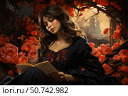Atmospheric artistic scene with a young woman reading a book among bright red roses and dark curved branches. The girl is dressed in a black dress with red embroidery, her long wavy hair softly framing her face. In the background, you can see the ruins of an ancient castle or temple, shrouded in warm sunset light. The image is filled with sensuality, silence and a slight note of romantic mystery, creating the impression of a medieval fairy tale or fantasy world. Стоковое AI-изображение, AI-художник Анна Кривицкая / Фотобанк Лори
