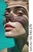 Woman in Water, Softly Lit, Gazing at the Camera With a Relaxed Look; Evokes Beauty Salons, Skincare, and Pools. Стоковое AI-видео, аниматор Sergey Grishin / Фотобанк Лори