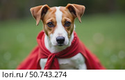 Jack Russell in a Red Cape Gazes at the Camera in a Green Garden, Embodying a Playful and Adventurous Spirit. Стоковое AI-видео, аниматор Sergey Grishin / Фотобанк Лори